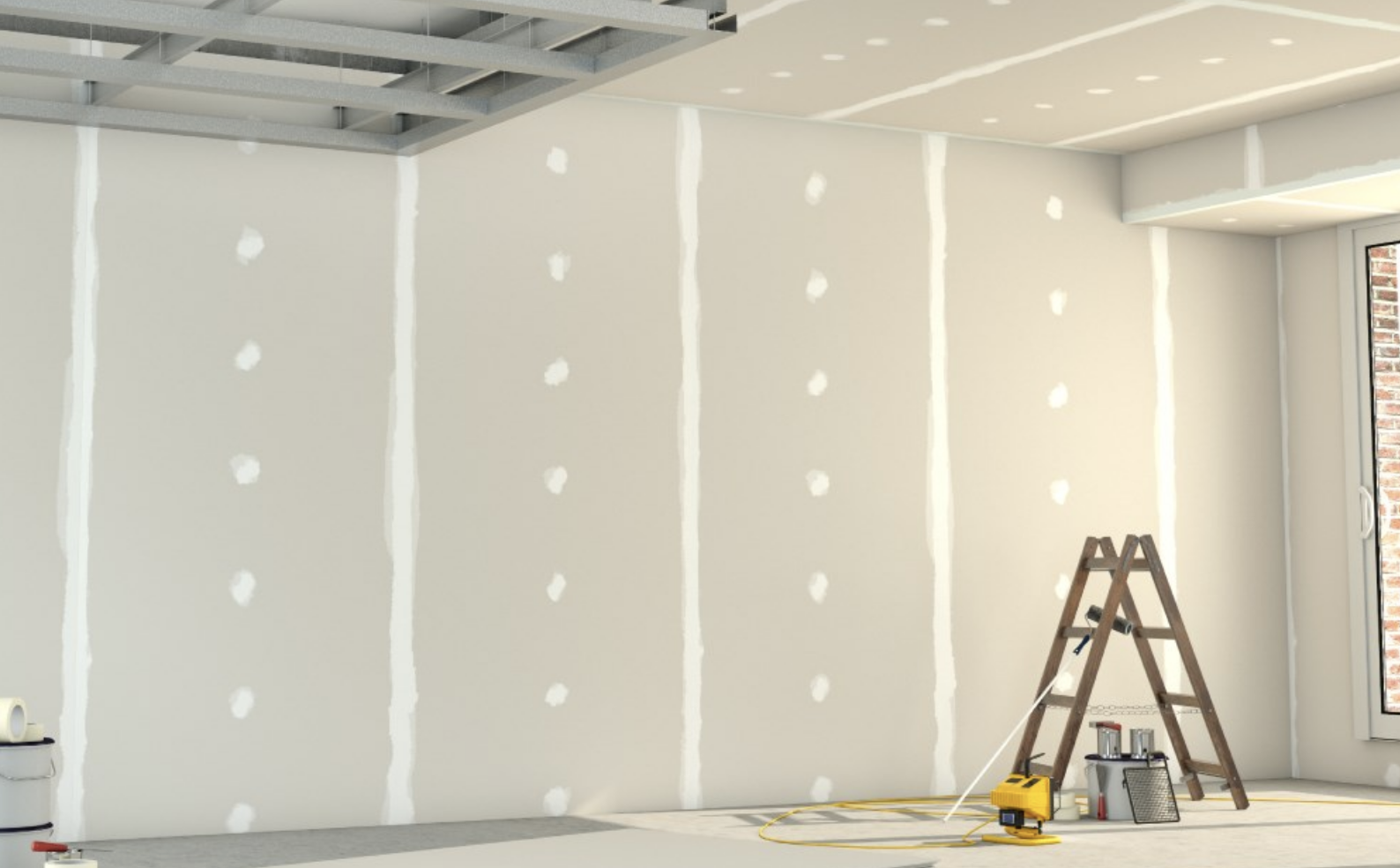 Paredes de drywall sem acabamento.