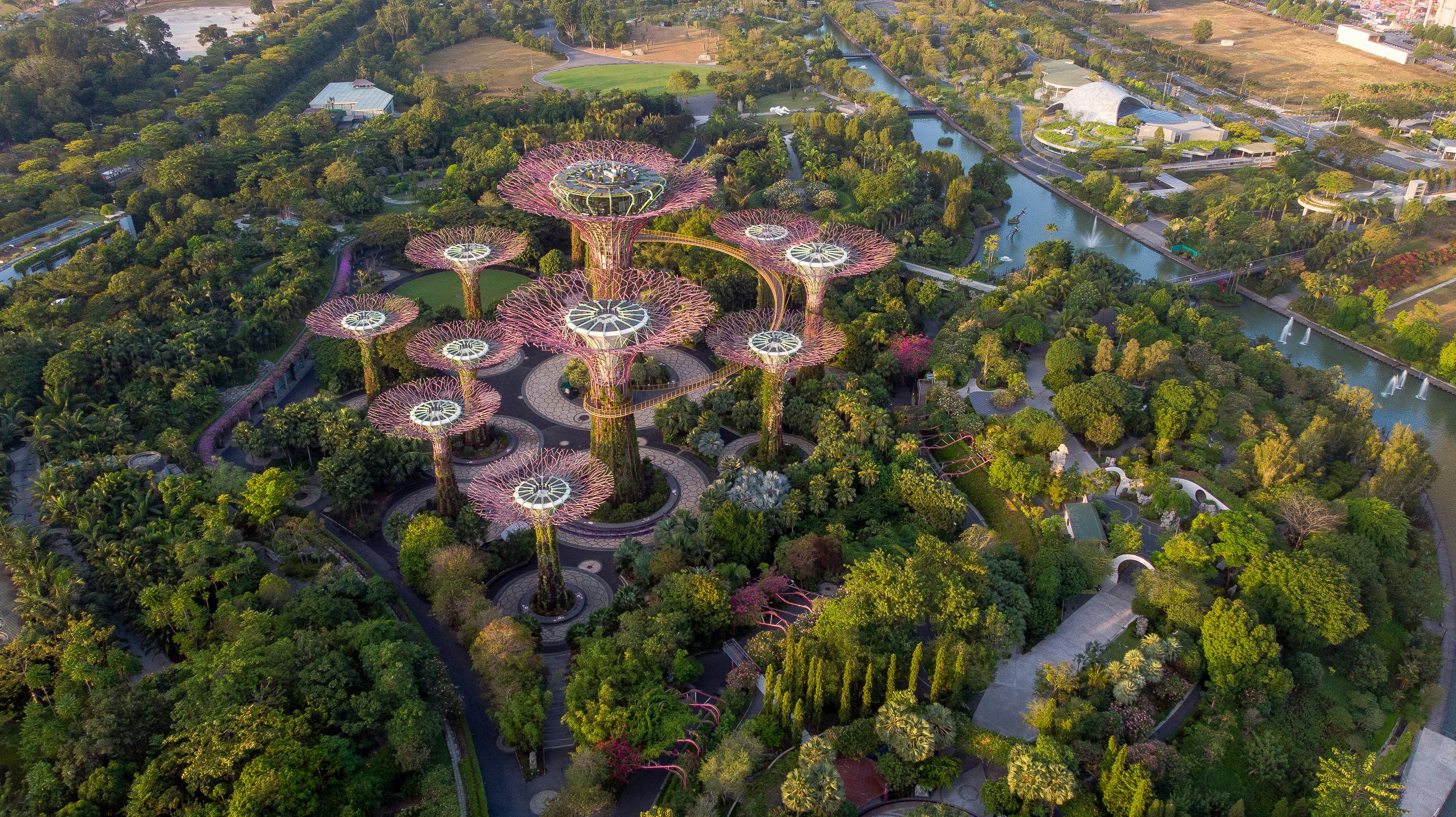 Gardens by the Bay, em Singapura, é um exemplo icônico de paisagismo regenerativo, onde a sustentabilidade e a inovação se encontram. Com seus jardins verticais e uso eficiente de recursos naturais, como a captação de água da chuva, o local não só embeleza a cidade, mas também contribui ativamente para a recuperação do ecossistema local, promovendo a biodiversidade e a resiliência climática.